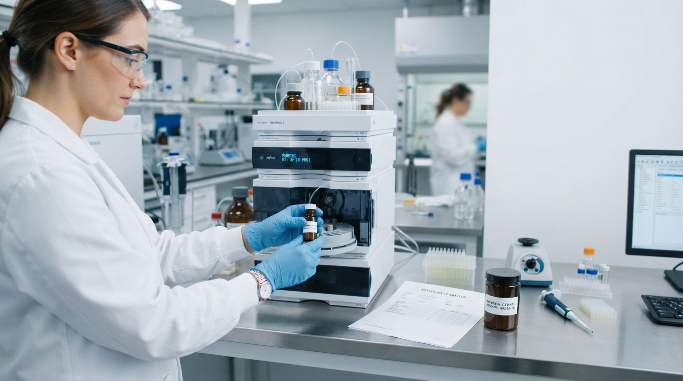 Technician loading a sample into an HPLC instrument beside botanical extract powder and a printed CoA.
