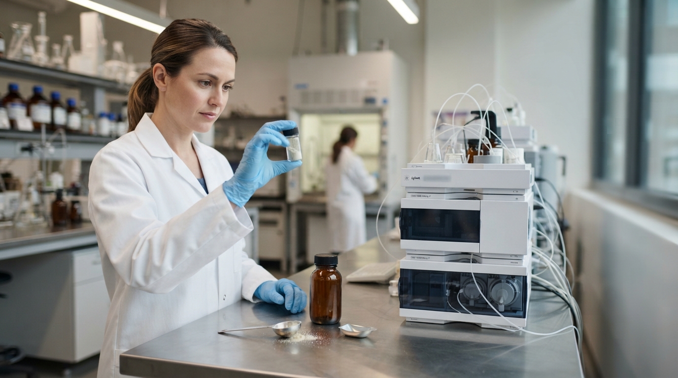 Analyst holding a vial of botanical extract powder beside an HPLC system in a testing lab