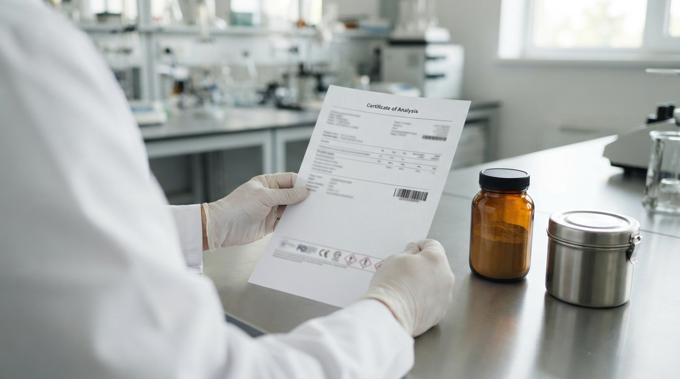 QC technician reviewing a redacted certificate of analysis beside botanical extract powder