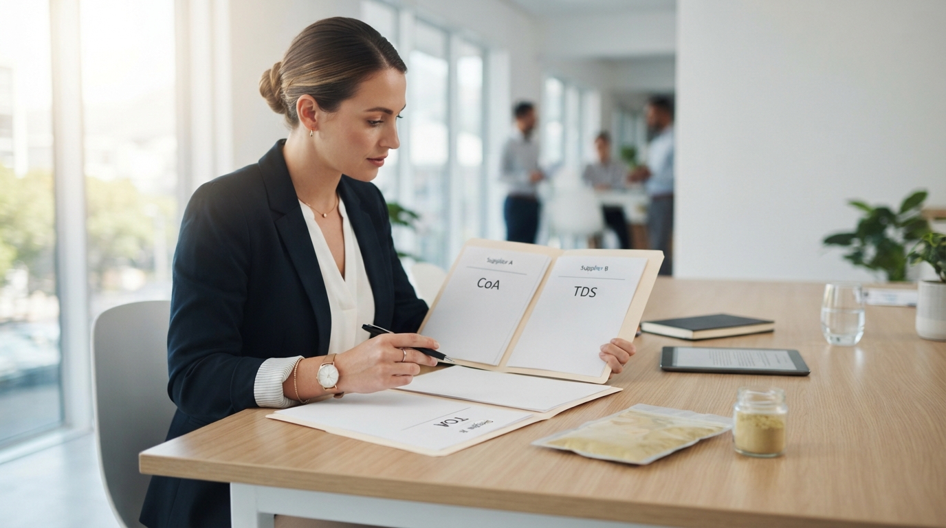 Procurement specialist comparing two supplier document folders beside a botanical extract sample