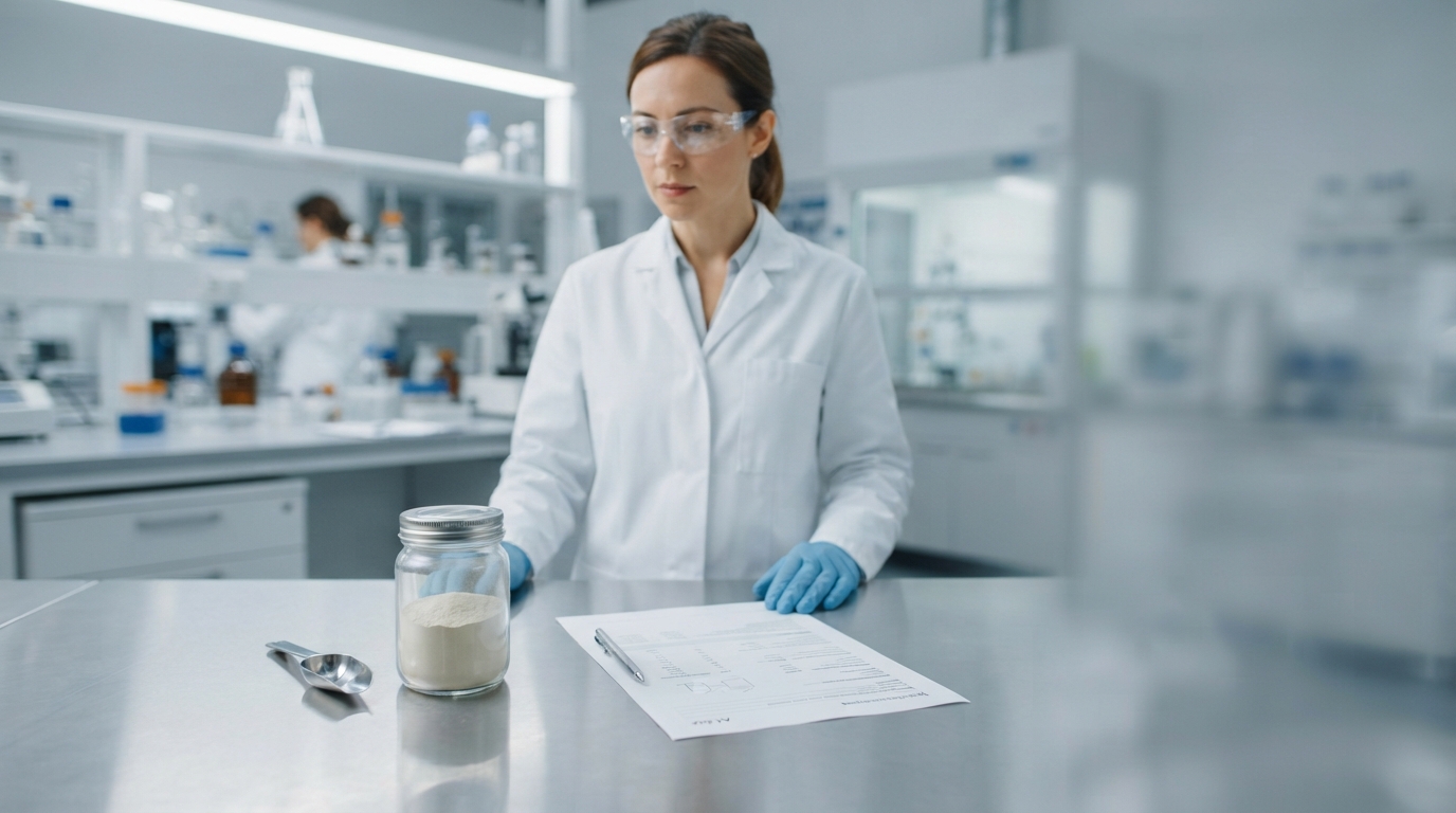 Microencapsulated botanical ingredient powder in a laboratory sample jar with specification sheet.