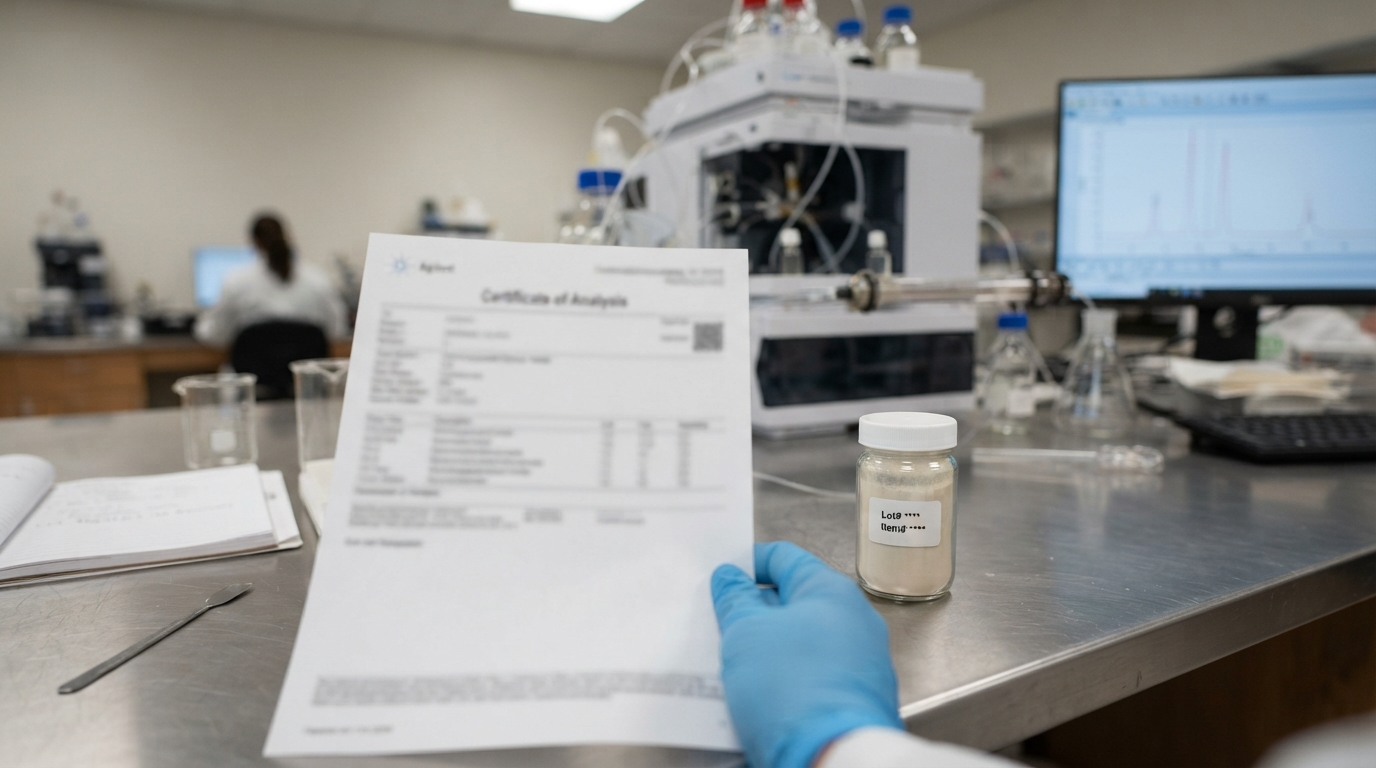 Quality-control review of microencapsulated botanical powder with CoA document and sample jar.