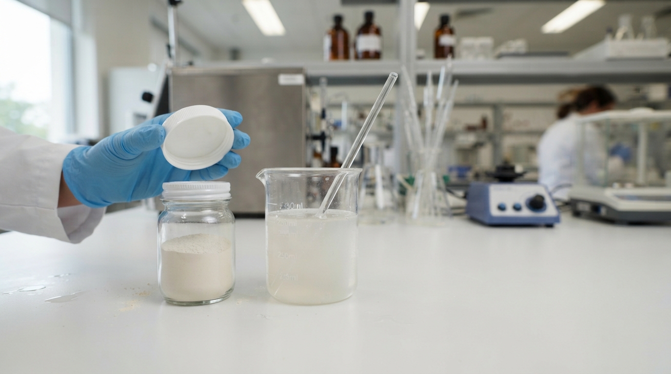 Microencapsulated botanical powder beside a water dispersion beaker in a formulation lab.