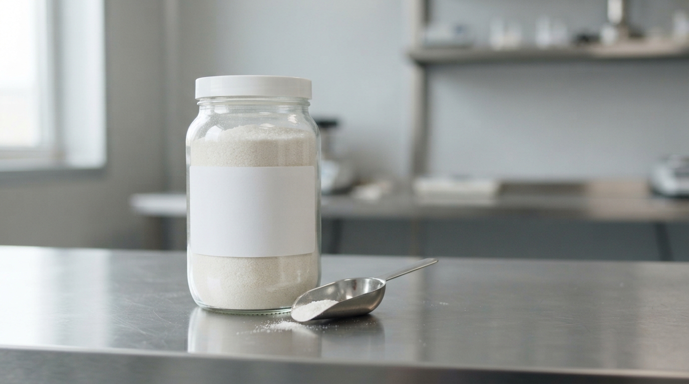 Bulk L-theanine powder in an unlabeled lab jar on a stainless-steel workspace.
