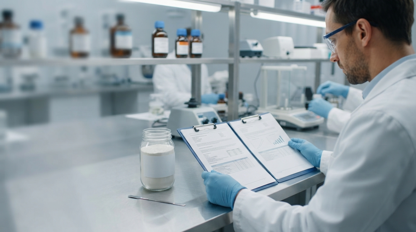 Quality-control chemist reviewing documents beside a plain L-theanine powder sample.