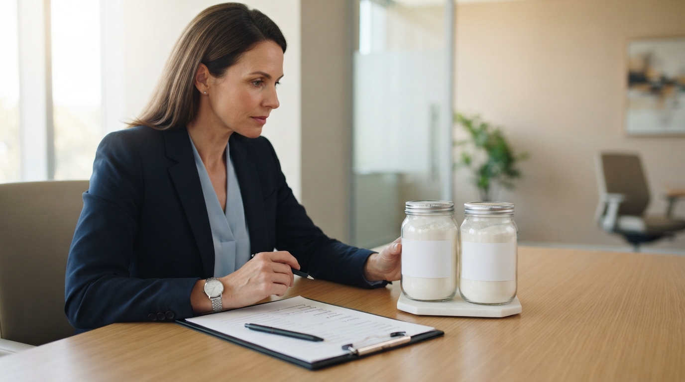 Procurement professional comparing supplier documents beside two L-theanine powder samples.