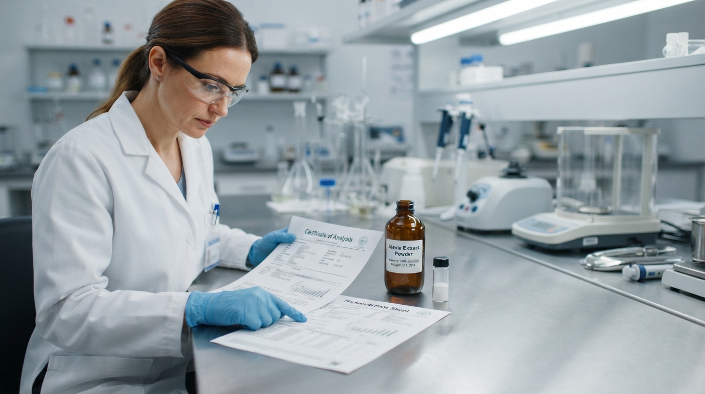 Technician comparing CoA and TDS documents for stevia extract