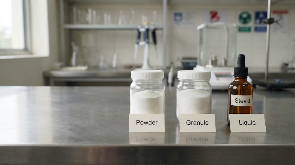 Stevia extract powder, granule, and liquid samples for formulation comparison