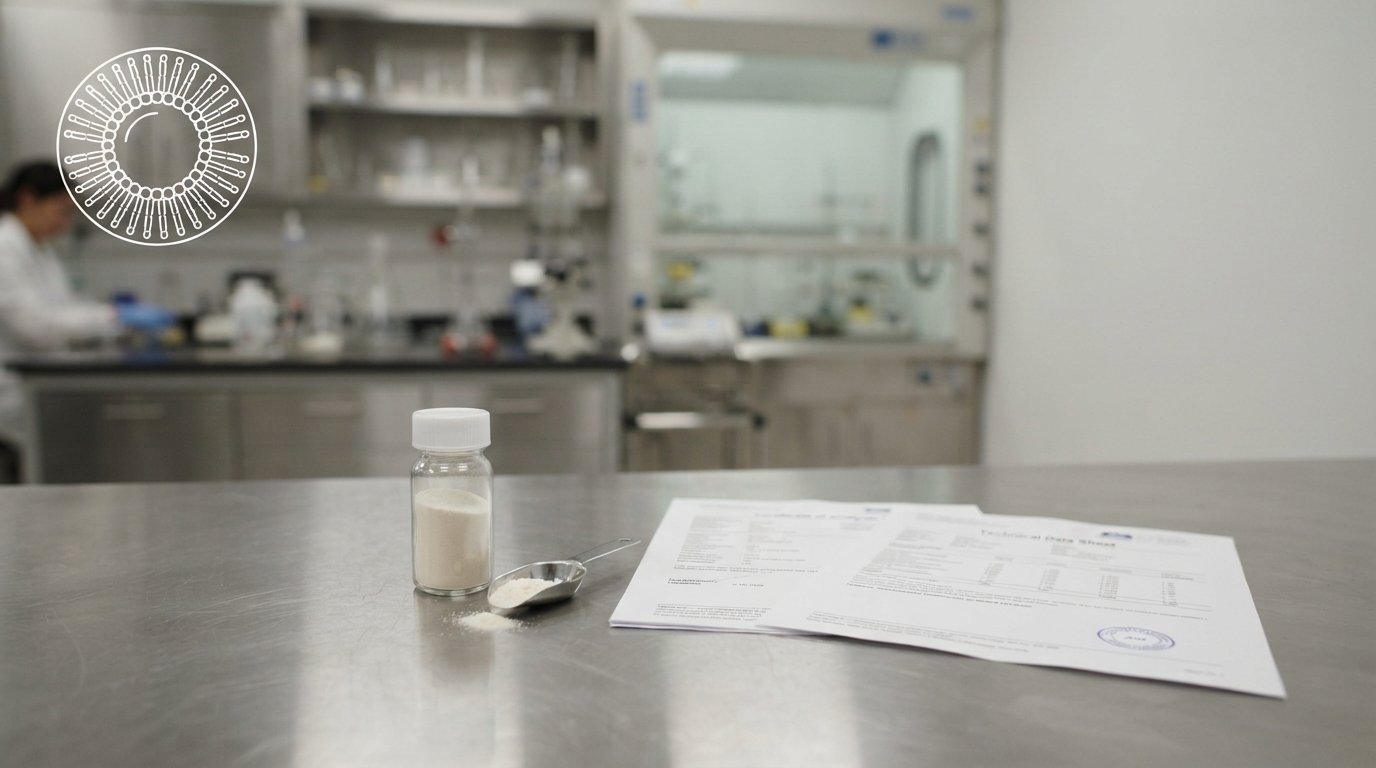Liposomal ingredient sample and technical documents on a clean lab bench.