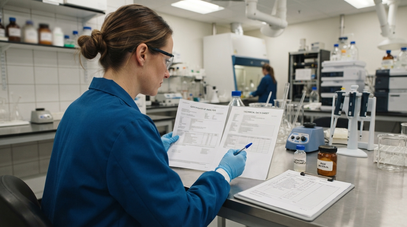 Quality control specialist reviewing CoA and TDS for a liposomal ingredient batch.