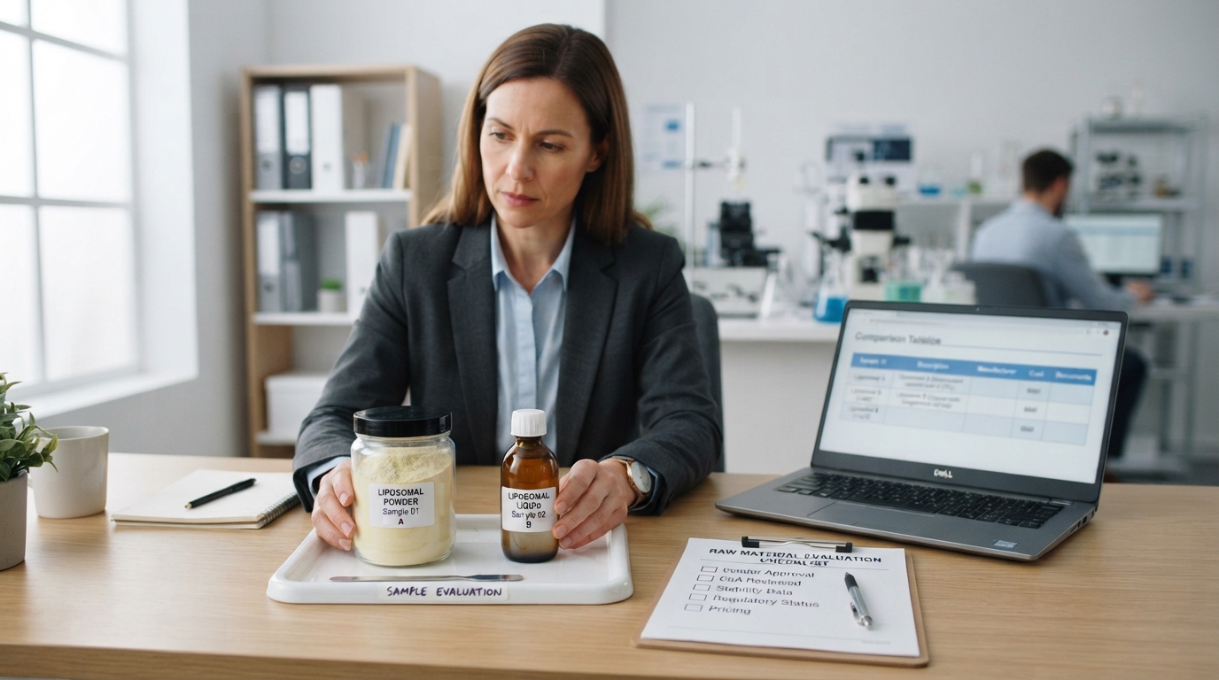 Formulator comparing liposomal ingredient supplier samples and documentation.