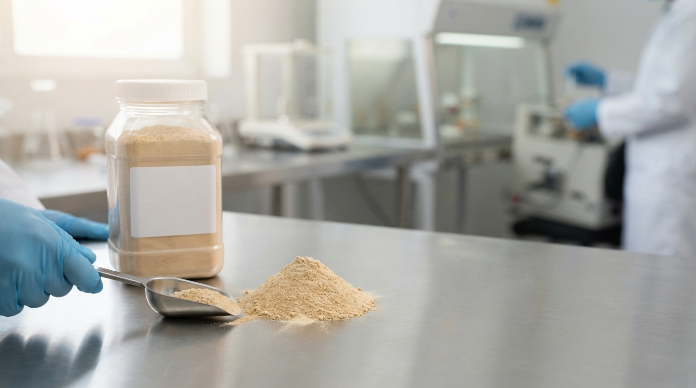 Bulk Cordyceps extract powder in a clean ingredient-sampling lab with stainless scoop and container.