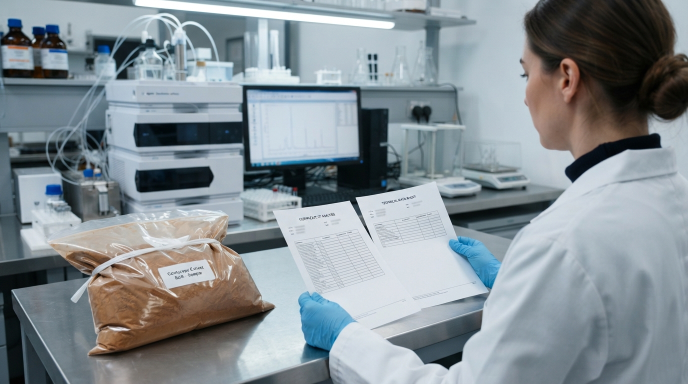 Quality-control technician reviewing CoA and TDS documents beside bulk Cordyceps extract powder.