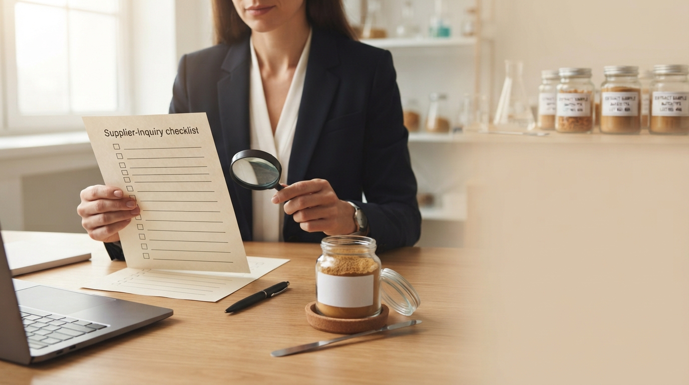 Procurement professional reviewing a supplier checklist beside bulk Cordyceps extract powder sample.
