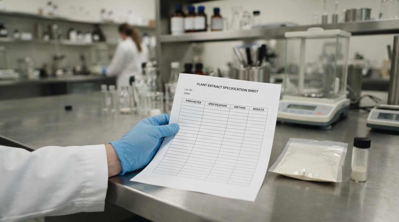 Plant extract specification sheet beside a sealed botanical extract powder sample in a lab.