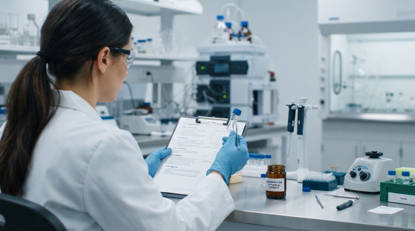 Technician preparing a botanical extract sample for HPLC analysis in a clean lab.