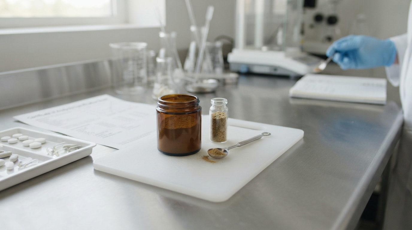 Botanical extract powder and granules in sample containers for women's health supplement formulation.