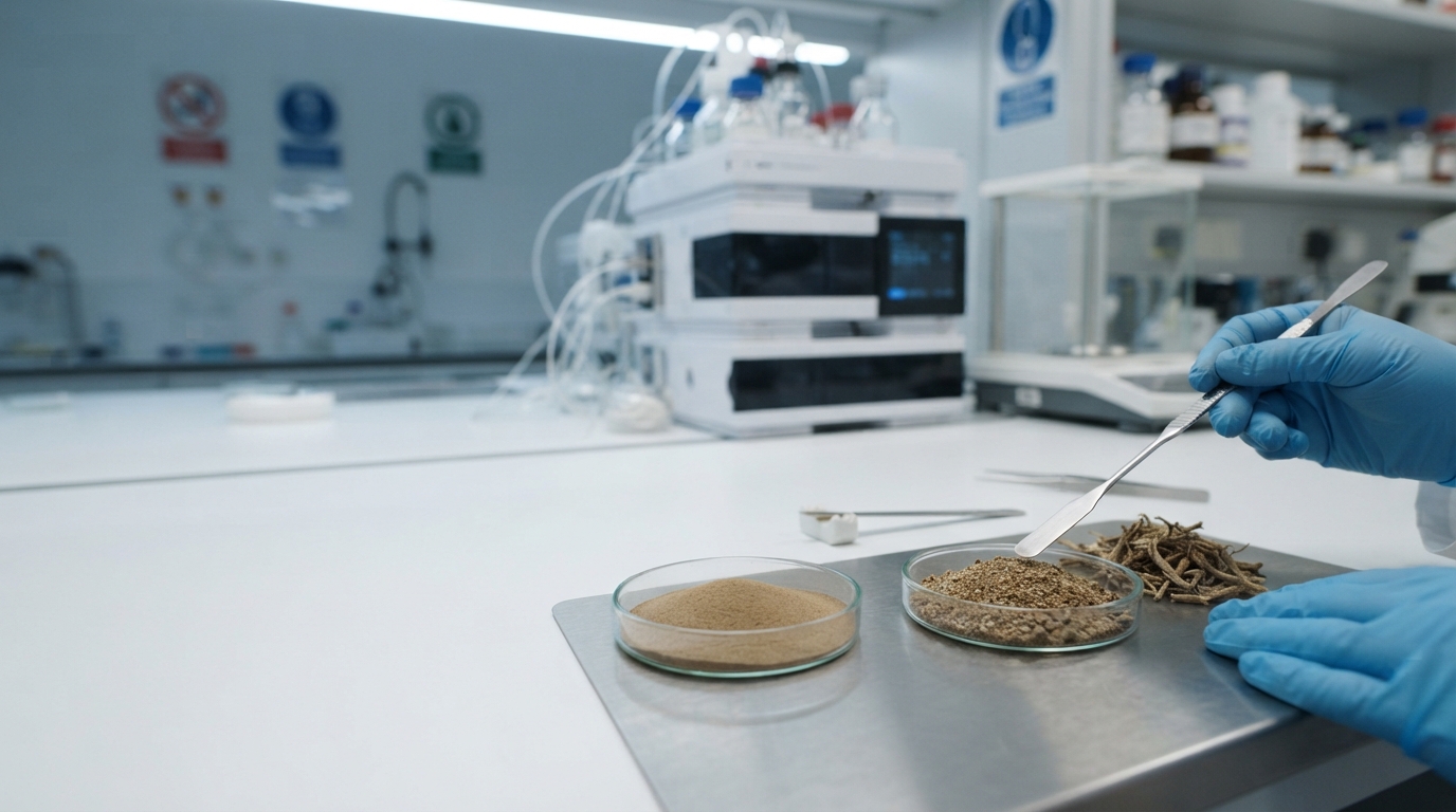 Standardized extract powder compared with ratio extract and dried plant material in a lab.