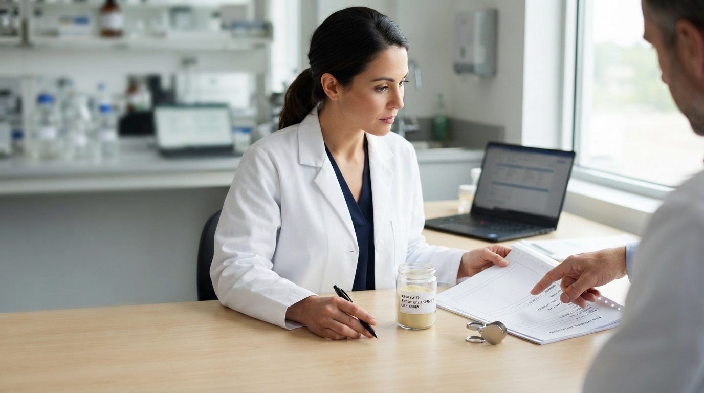 Professional reviewing a botanical extract sample and document during supplement ingredient supplier evaluation.