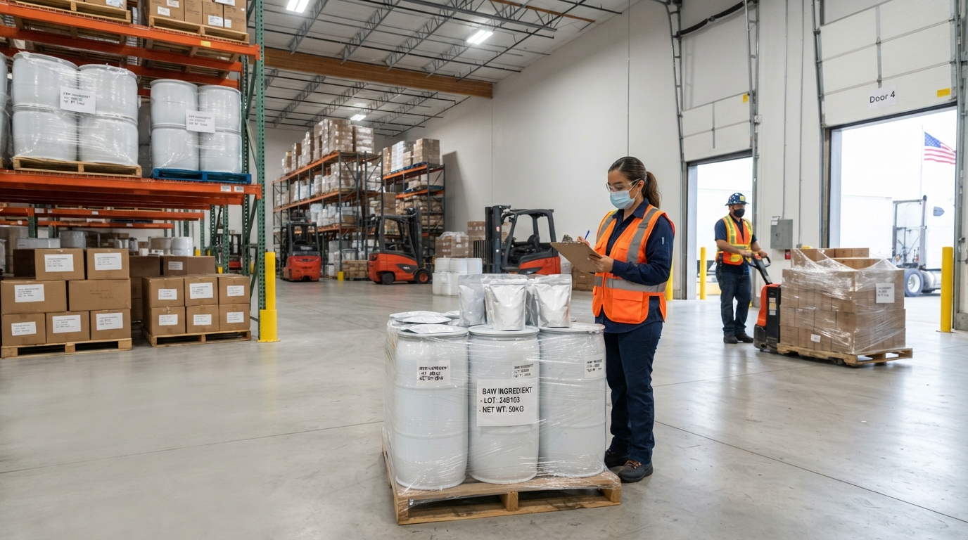 Nutraceutical ingredient supplier USA warehouse with labeled pallets and worker in PPE.