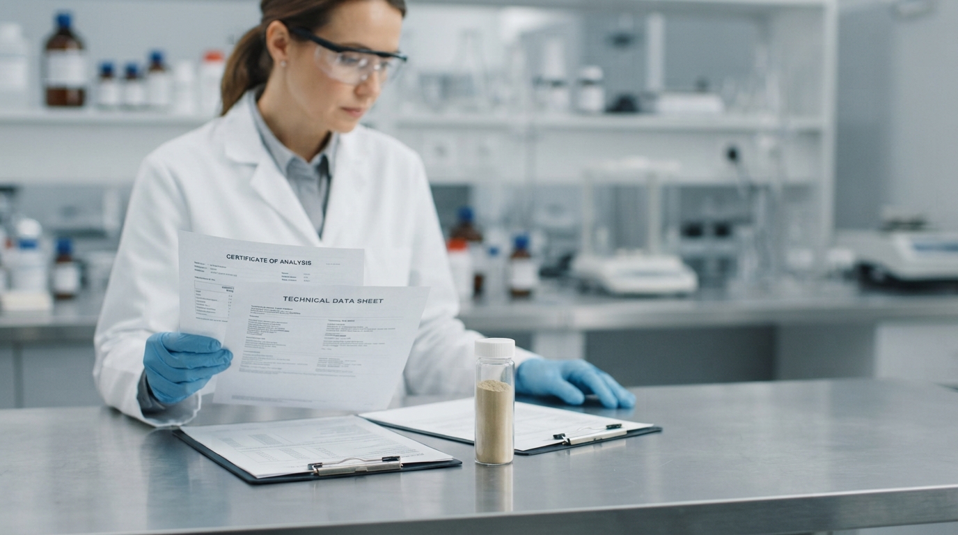 Technician reviewing lot-specific CoA and TDS beside sealed supplement ingredient sample.