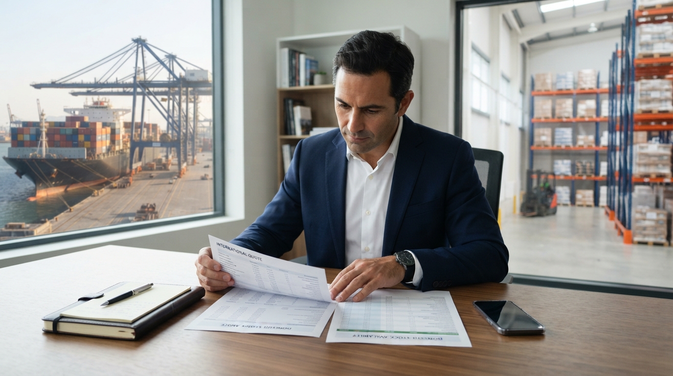Procurement manager comparing overseas shipping and USA warehouse sourcing options.