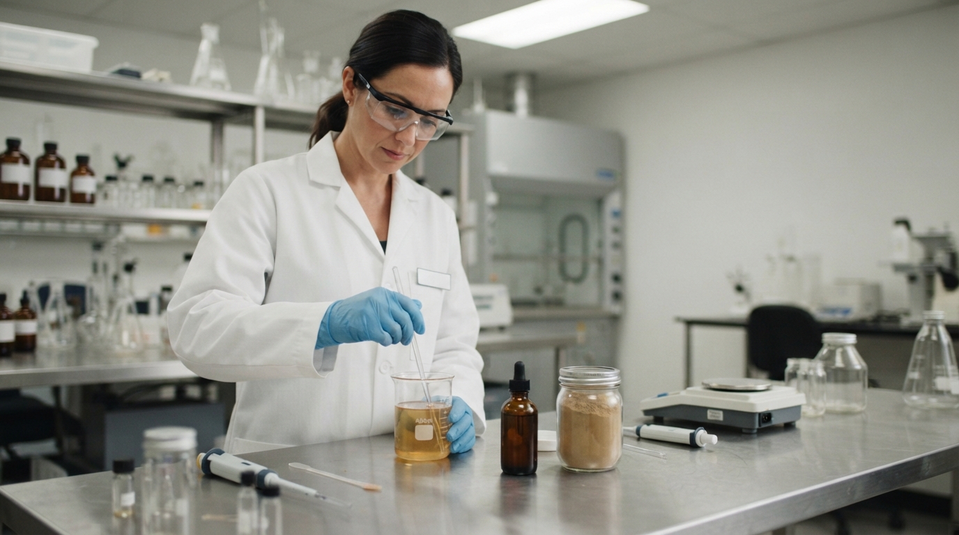 Formulator measuring botanical extract powder and liquid for functional beverage development