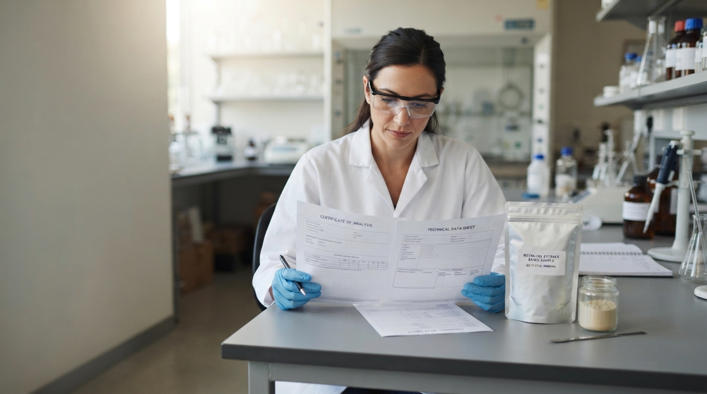 QC scientist reviewing CoA and TDS documents for botanical extract ingredient